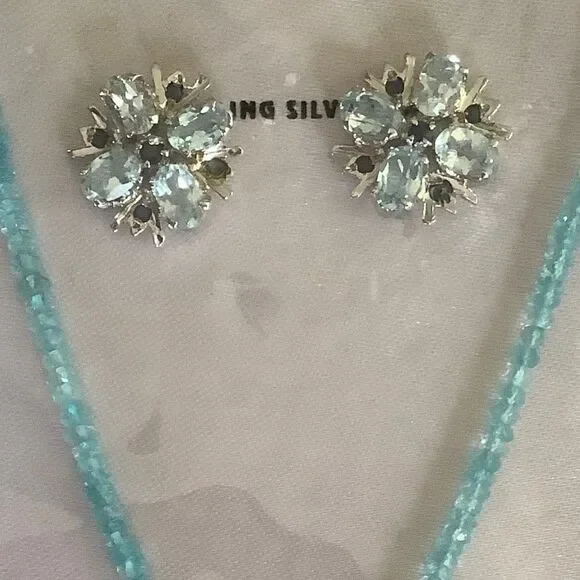 𝅺STERLING SILVER 925 BLUE TOPAZ AMETHYST PERIDOT NECKLACE/EARRINGS SET​​